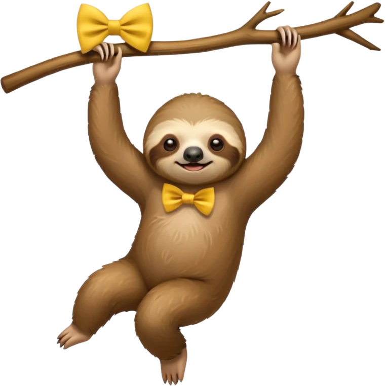 cute swinging Sloth on stick, yellow bow tie emoji