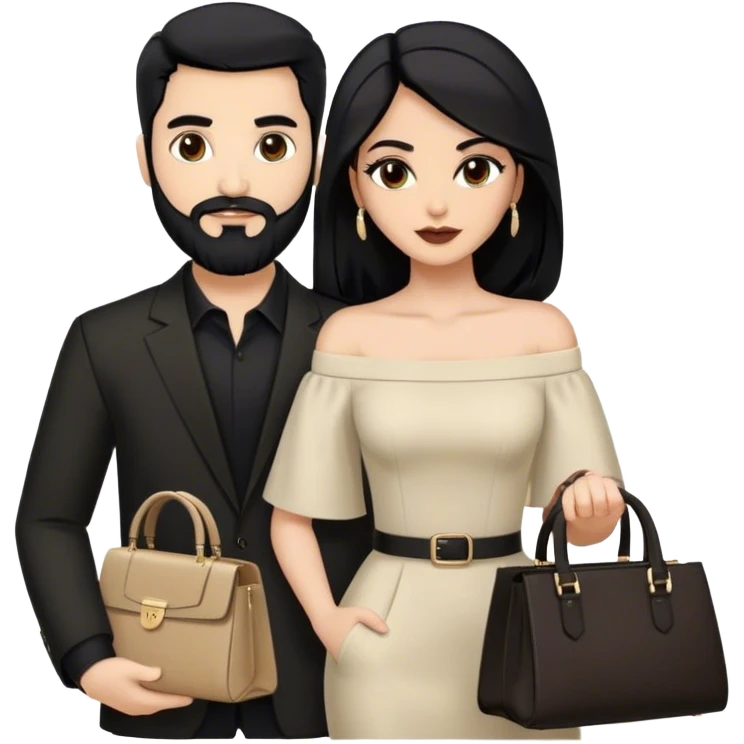 the Lebanese white skinned man with black hair and beard dressed in all black, and the Palestinian woman in an elegant off-shoulder cream-colored outfit with a matching handbag. emoji