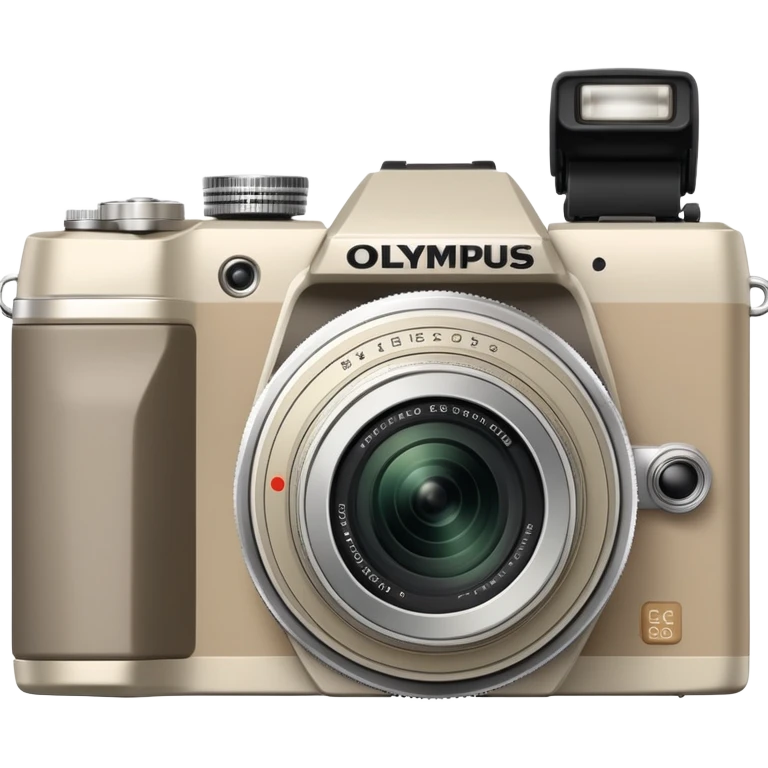 Extremely minimal Olympus Superzoom 70G camera from front view, grayish-beige color, simplified to basic geometric shapes, just hint of lens and minimal details emoji