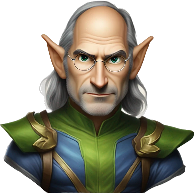 Warcraft elf award winning Steve Jobs in Marvel Avengers style, oil paint, mysterious eyes, intricate lips, masterpiece pose, odd perspective, beautiful, desirable, logical emoji