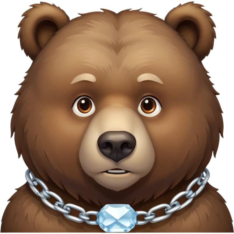 Serious-looking natural brown bear on four paws with stern face, simple ice chain around neck, realistic features emoji