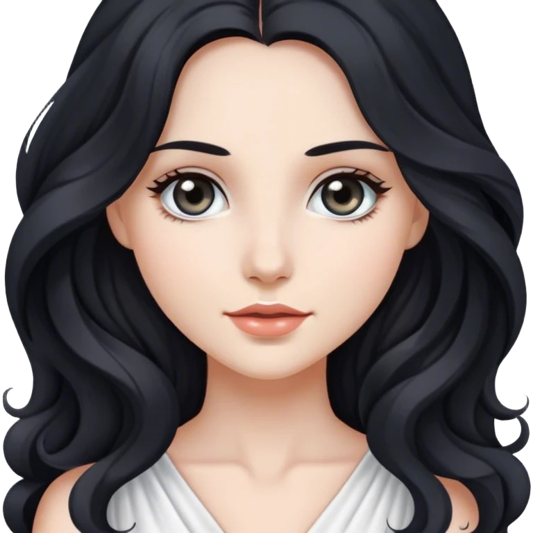 beautiful and pretty woman with long, wavy black hair, gray eyes, and wearing a white dress. emoji