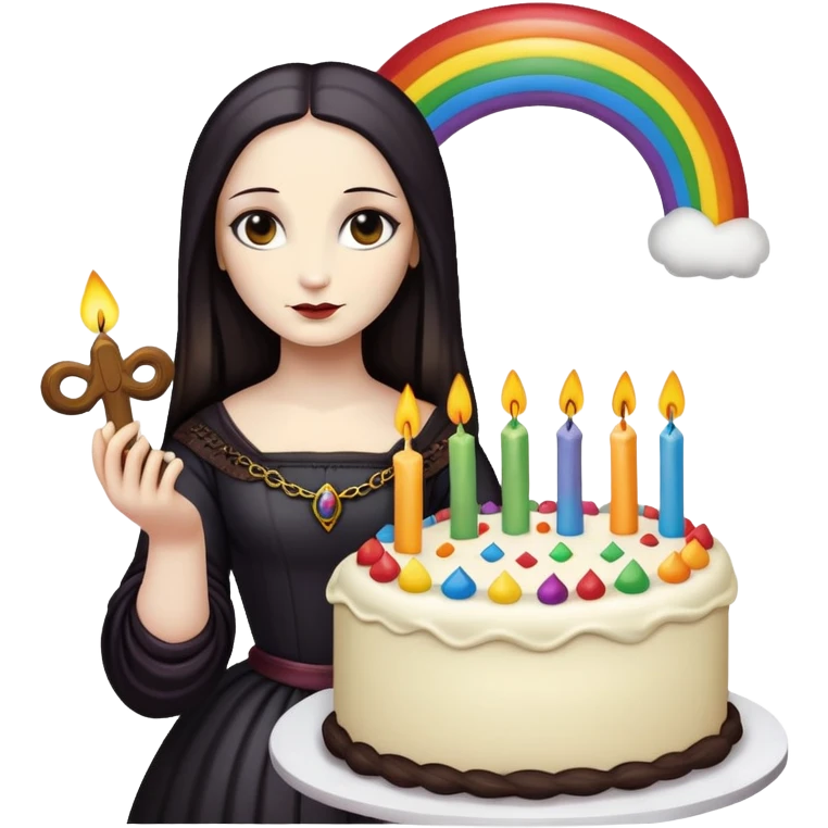 goth monalisa holding a rainbow birthday cake  emoji