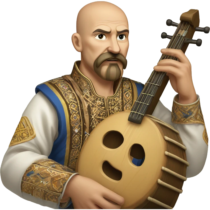 a Cossack warrior playing an ancient stringed instrument. The Cossack has a shaved head and a long strand of hair on one side. He has a thick, curved mustache and wears a gold earring in his left ear. He is wearing a simple Ukrainian embroidered shirt emoji