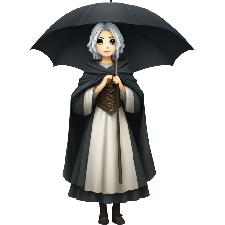 medieval gothic woman, anime style, gorgeous hair, beautiful dress, holding umbrella emoji
