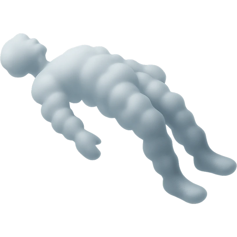 side view of unconscious person flying with torso upwards, legs and arms downwards, made of small very bright white fluffy convex clouds, matte glass style emoji