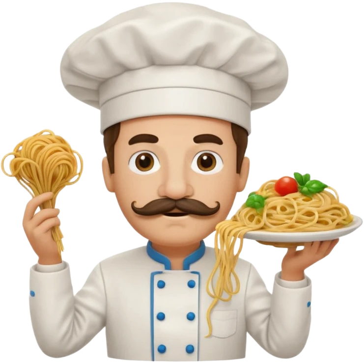 cartoon brain with a mustache and chef hat, holding spaghetti, surrounded by musical notes and the words 'larili larila', playful Italian theme emoji