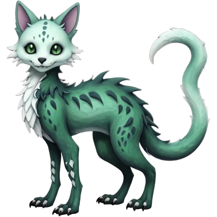 Scaley Kawaii spooky dark bleak blackish swampy white-skeletal gloomy ghostly dark greyish dark-deep-greenish foggy eldritch beautiful realistic edgy fantasy ghoul-like stitched feline-vernid-sergal-fursona animal creature with a tufted tail full body with intricate markings  emoji