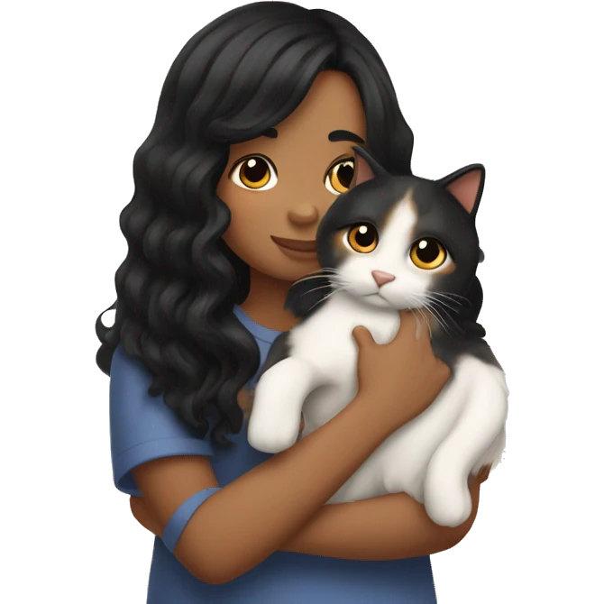 TAN SKIN GIRL with long black wavy hair and bangs HUGGING HER CALICO CAT  emoji