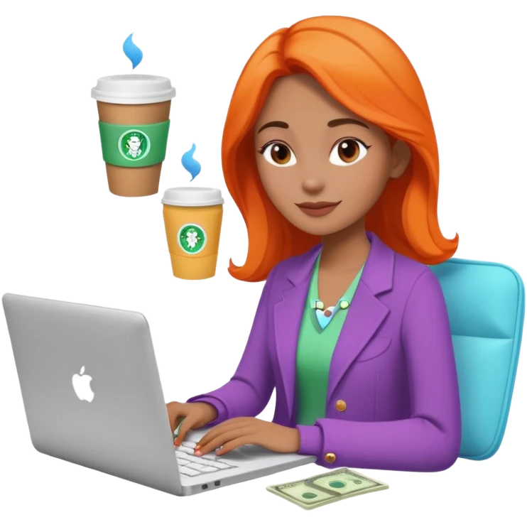 3D clay woman character relaxed with laptop and coffee in Paris, floating icons (dollars), colofrful modern outfit, white laptop, Pixar style, transparent background emoji