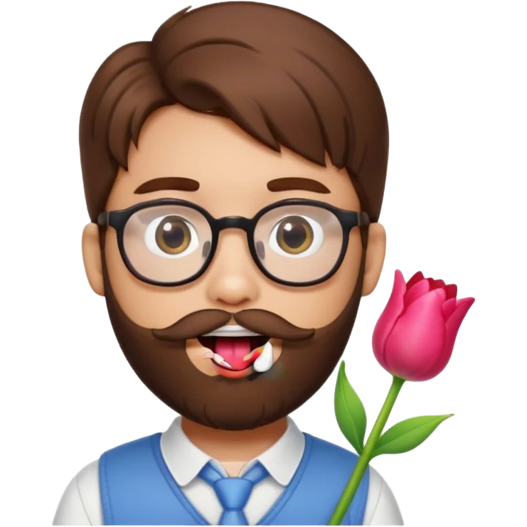 Brown hair guy and a heart shaped eyes with his tongue out with a beard and glasses with a hello kitty and a tulip in his hand   emoji