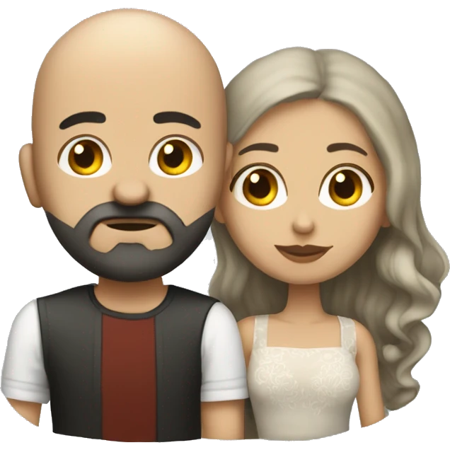 White (bald man) with (dark beard) kissing short (Mexican woman) with (long dark wavy hair) emoji