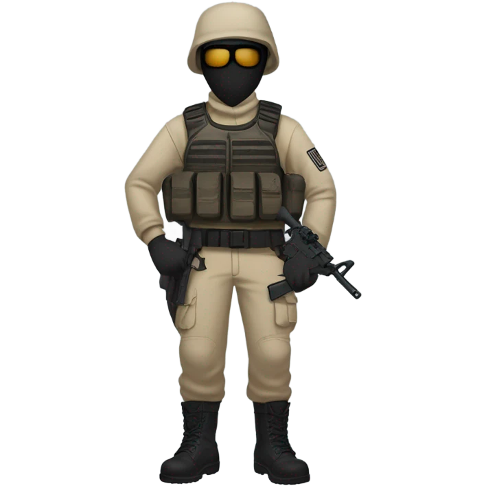 White male, call of duty mask, tan tactical gear, tan pants, combat boots, black beanie, blue eyes, no glasses emoji