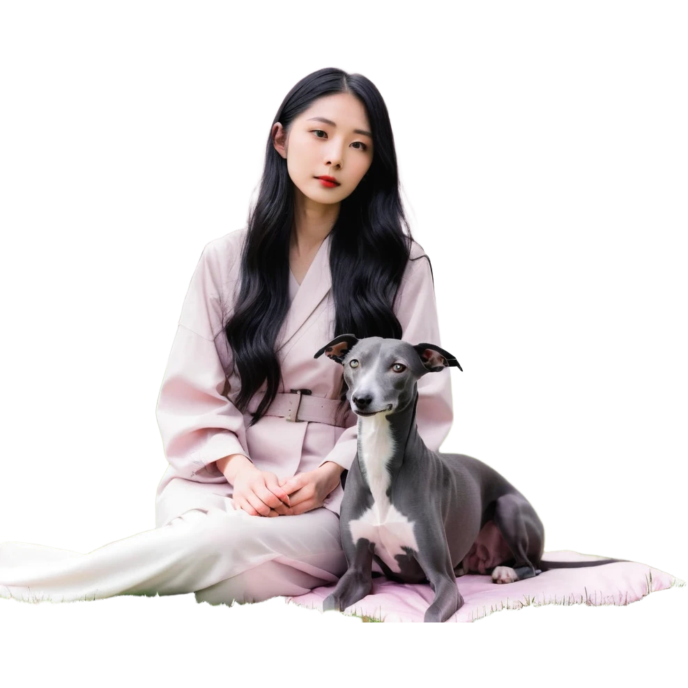 A very beautiful and attractive 25-year-old Chinese woman with long flowing black hair and a pure solid dark grey Italian Greyhound with ABSOLUTELY NO white markings anywhere on its body sitting under a cherry blossom tree. The dog must be completely solid dark grey with no white on chest, no white on muzzle, no white on paws - entirely one solid dark grey color. emoji