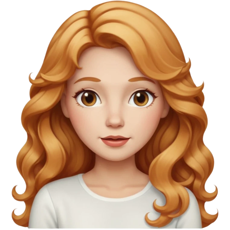 white adult woman with strawberry blonde super long wavy hair, white top, blushed cheeks emoji