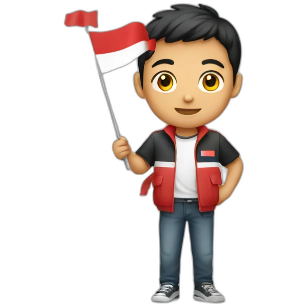 asian young male holding Indonesian flag emoji