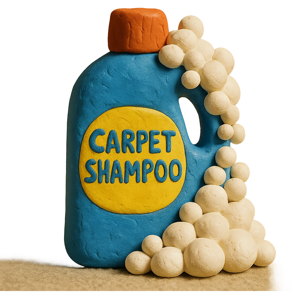 carpet shampoo bottle with bubbles and suds, playful look, claymation style emoji
