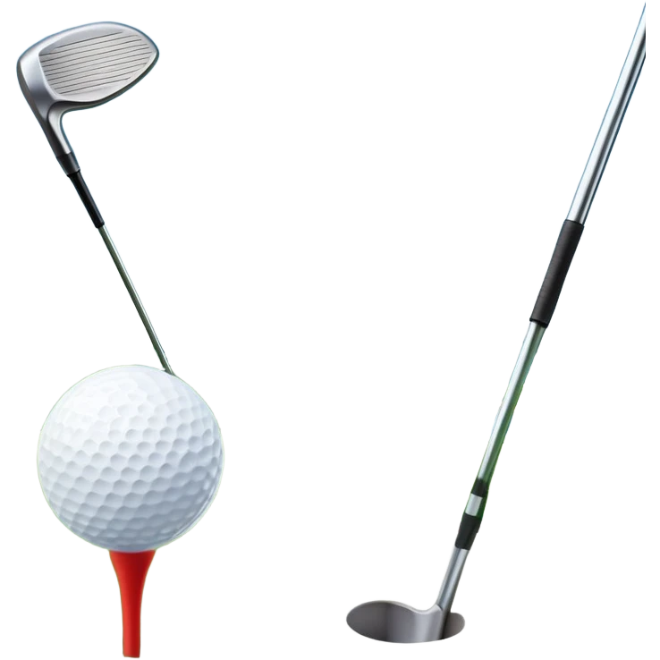 A golf ball on a tee, with a golf club placed beside it on the lush green fairway. The background shows a serene golf course with neatly trimmed grass and a clear blue sky, emphasizing the elegance and precision of the game. emoji