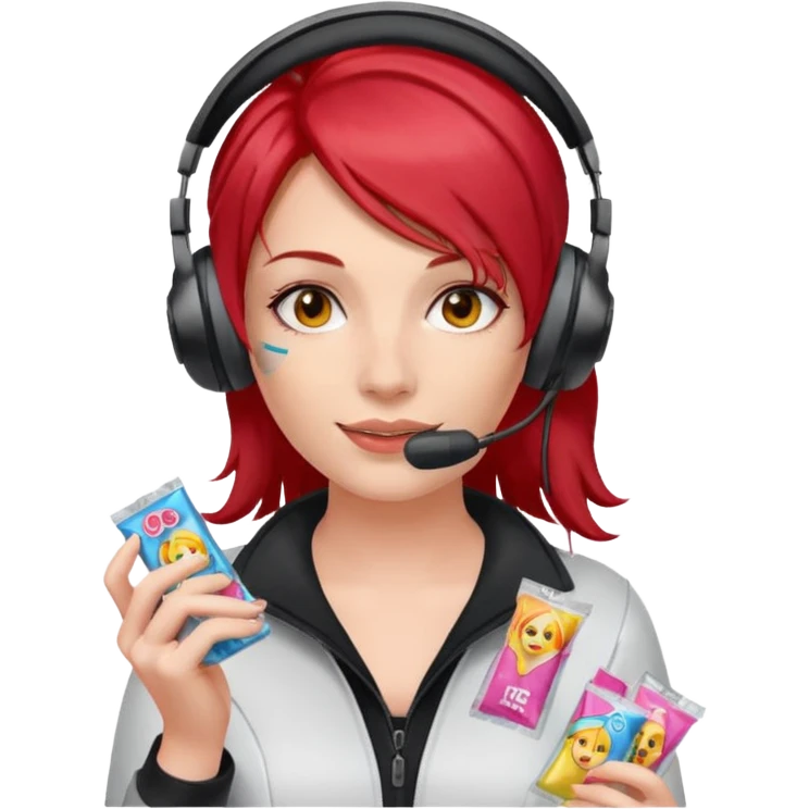 A woman with red hair and gaming headset holding a condom packets emoji