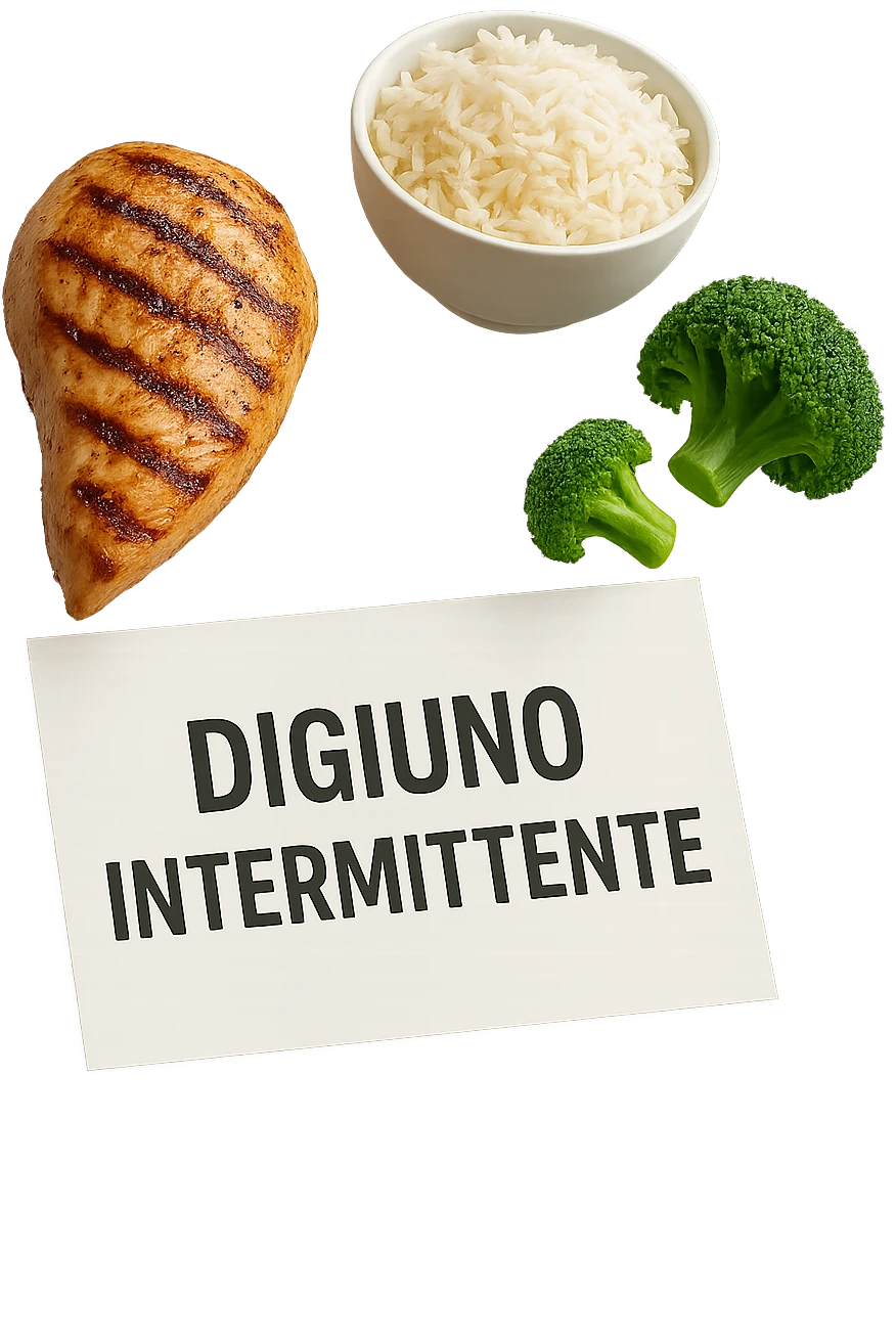 petto di pollo grigliato, bowl di riso basmati e broccoletti fluttuano in aria insieme ad un foglio con la scritta "DIGIUNO INTERMITTENTE", iperrealistico 4k emoji