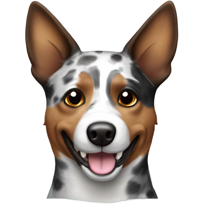 Australian cattle dog that is brown, black, grey and white with white spots smiling  emoji