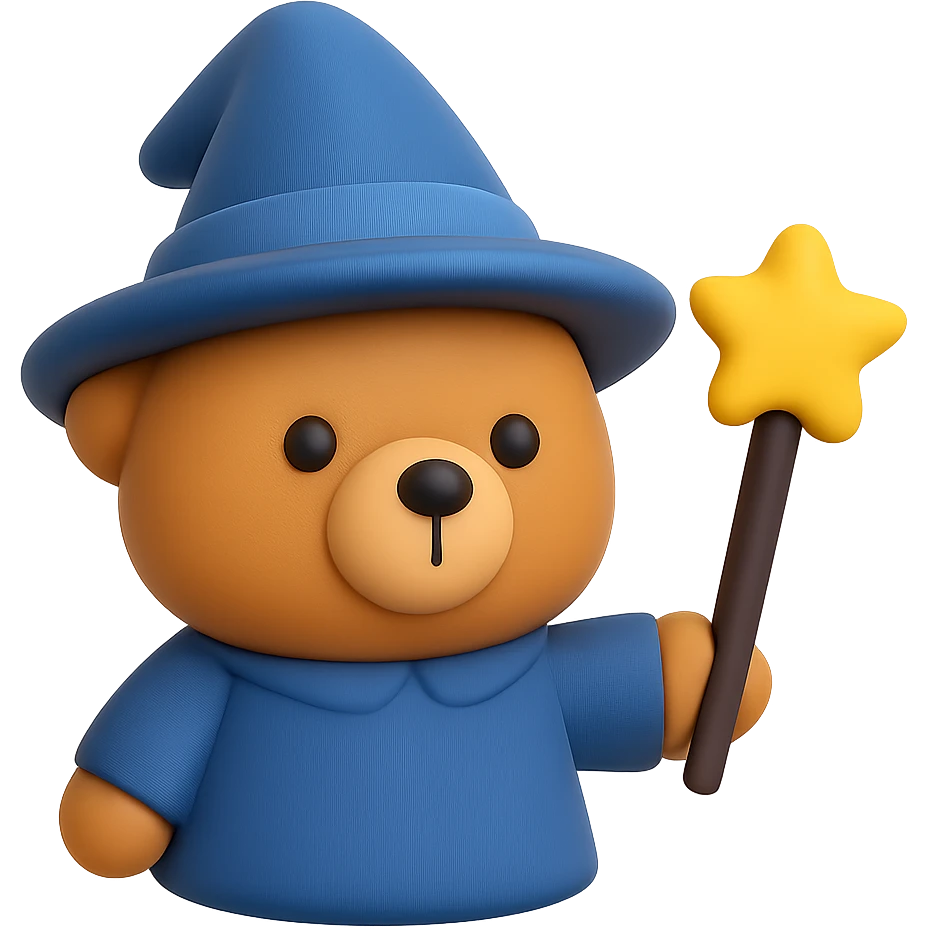 A cute bear wizard with pointed wizard hat and magic wand emoji