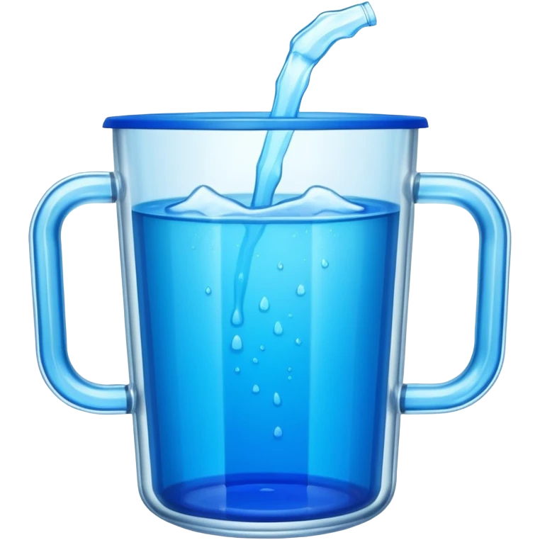 A large clear glass mug with a bright blue liquid inside. Mug had no curve to it, up and down with ridges. Similar to a beer mug. For a drink called a trashcan emoji