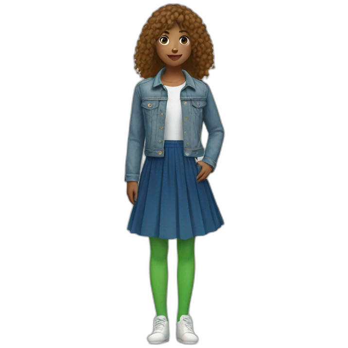 Girl with bangs and tail, in blue denim jacket, white T-shirt, green tights and elongated blue chiffon skirt emoji