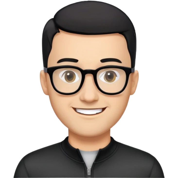 Light-skinned man with black hair in very short almost-buzz cut (minimal length but visible), short graying beard, big black glasses frames, happy smile, black long sleeve shirt with zip at neck emoji