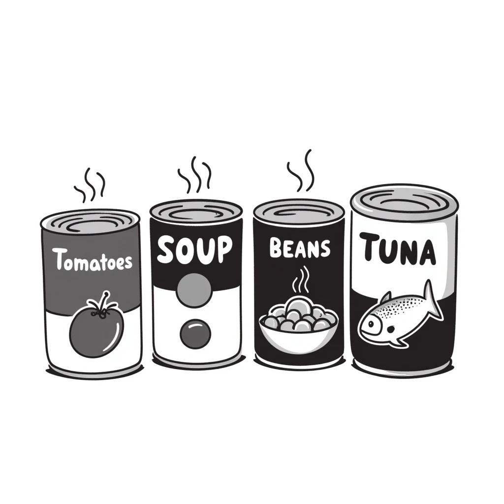 Four hand-drawn canned food items, showing different types of canned goods emoji
