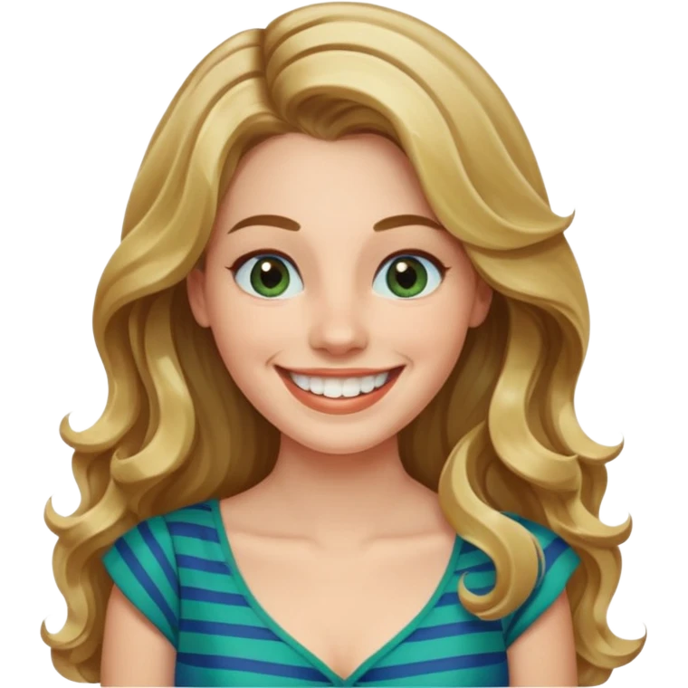30 yr Caucasian woman long brown wavy hair parted on side blond stripe in hair blue green dress ,big smile white teeth, dimples emoji