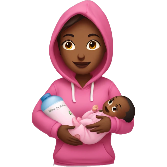 A woman holds a baby in her arms, in her other hand a bottle with a mixture in a pink hoodie with the inscription “ANA” emoji