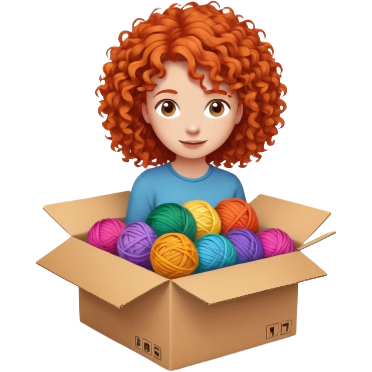 A curly-haired redhead girl gets out of a cardboard box. There are multicolored balls of yarn all around emoji