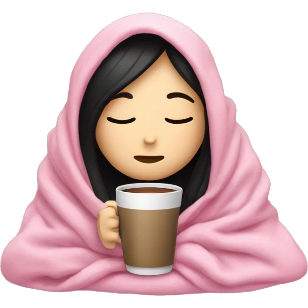 white girl with black straight hair inside a pink blanket sipping coffee eyes closed emoji