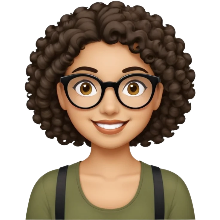 Young Latina with light brown skin. Cheerful round face. Brown eyes behind black glasses. Thick natural eyebrows. Curly hair reaching shoulders, voluminous with defined curls. Big smile showing dimples. Wearing olive green shirt with wide straps. emoji