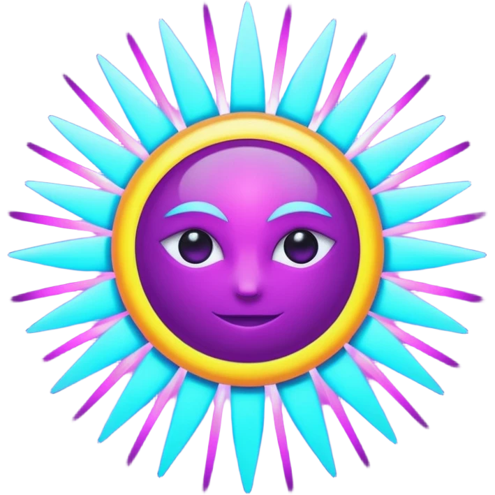 Futuristic glowing sun emoji, neon rays, bright holographic purple and cyan glow, dark background, digital tech style emoji