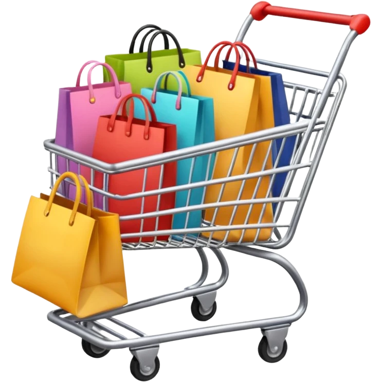 Carrinho de mercado cheio de compras femininas, com diversas maquiagens, roupas  emoji