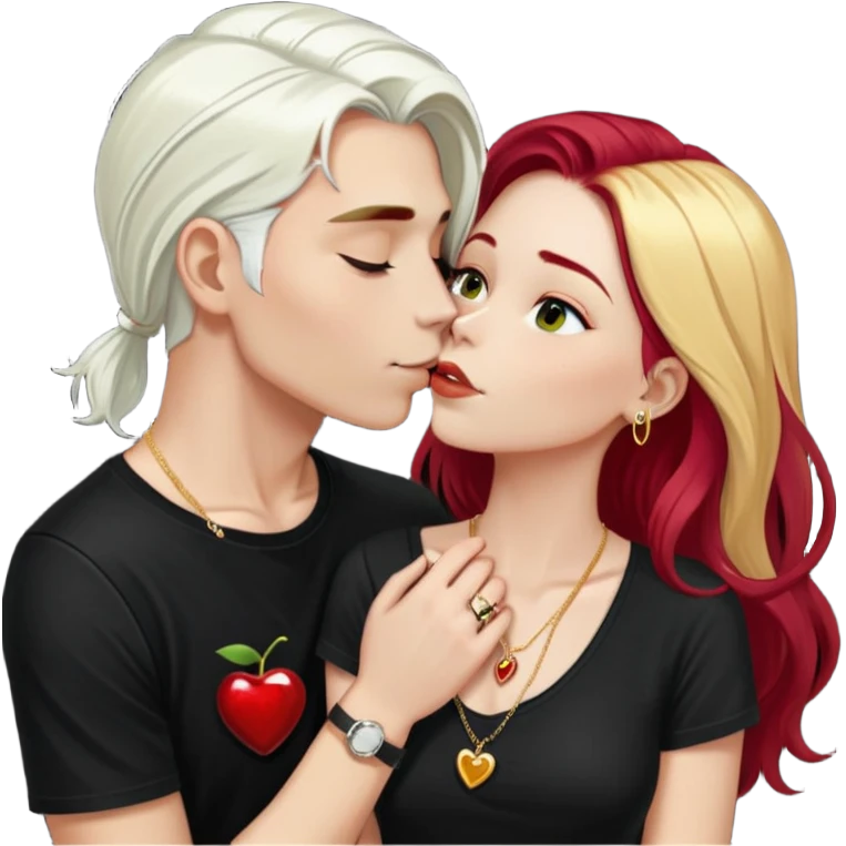 couple kissing, girl with long cherry red hair, blonde eyebrows, gold A necklace, boy with SHORT PURE WHITE HAIR (not blonde, not gray, but WHITE like snow), dark t-shirt, silver ring emoji