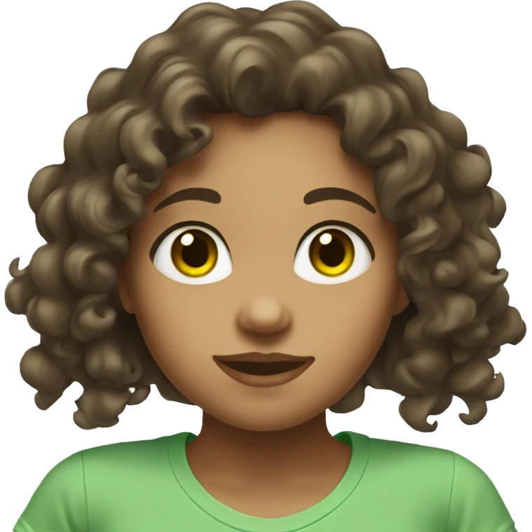 a pretty girl with curly dark brown hair, with green eyes and white t-shirt emoji