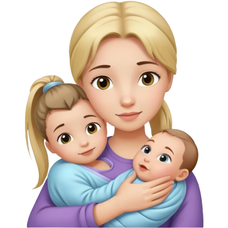 Ponytail girl hugs a newborn baby and a girl emoji