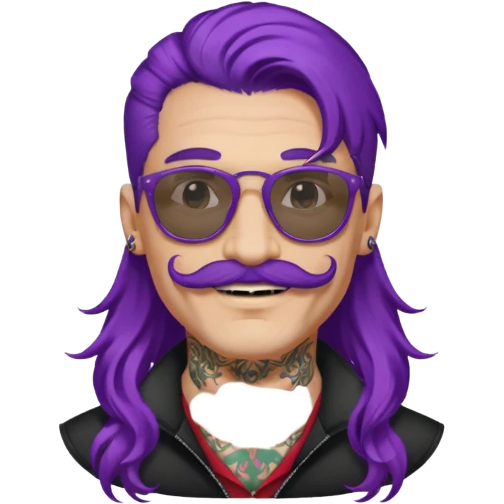  long purple haired man, mustached and face tattoes, handsome, sunglassess wearing emoji