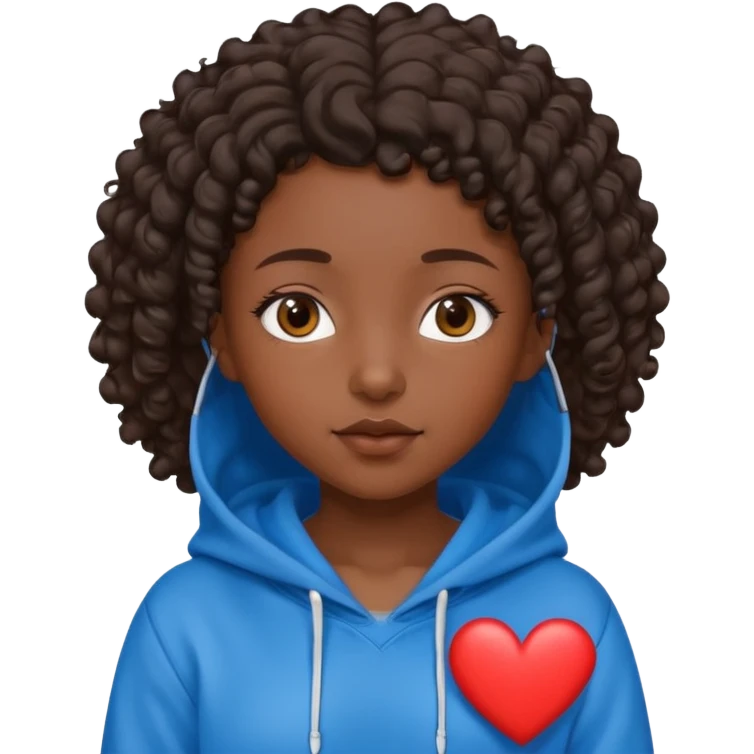 dark skin girl with short dark brown curly hair wearing a blue hoodie with a heart and Jesus symbol emoji
