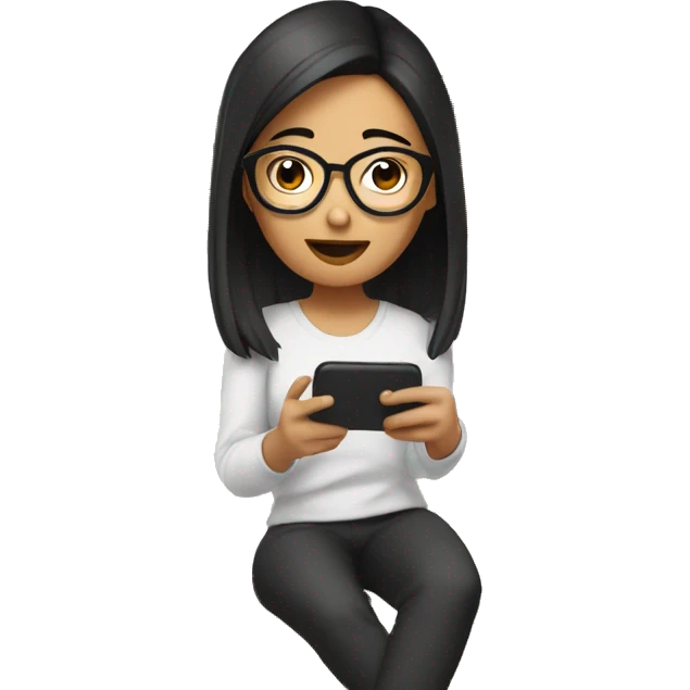 Asian girl with glasses on her phone sitting on a bed emoji