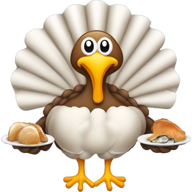 Turkey holding burning slice of toast and pan of oysters emoji