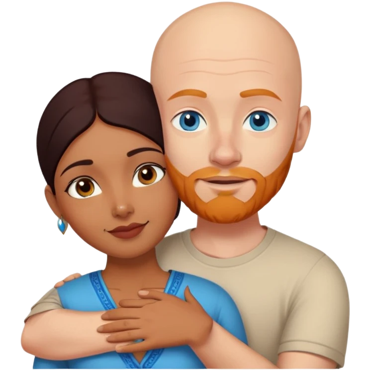 Bald white male with ginger beard and blue eyes hugging indian brown woman with short DARK black hair emoji