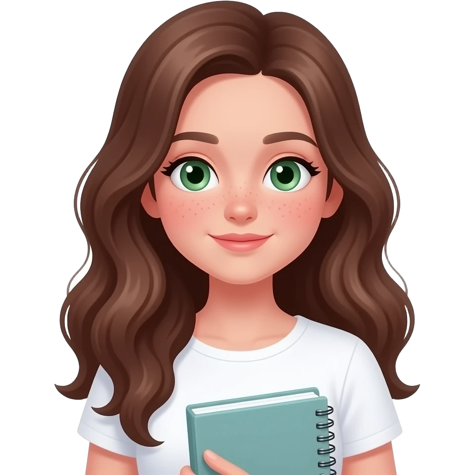 Cute VERY PALE SKIN study girl IN WHITE TOP, Long BROWN wavy hair, green eyes, soft WITH not volominous SLIM FACE , aesthetic, minimal, pastel colors, cozy study vibe, holding book or notebook,PREPPY VERY PRETTY FACE MORE SHARP  WITH FRECKLES emoji