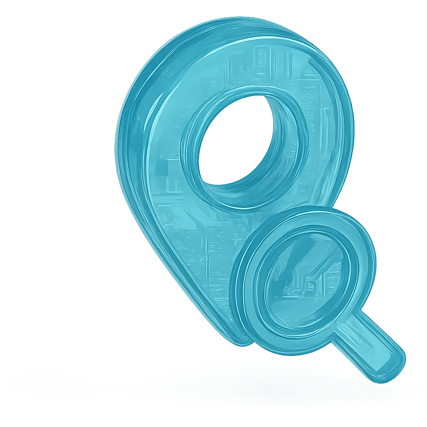 Icon of a map pin with a magnifying glass, cyan blue emoji