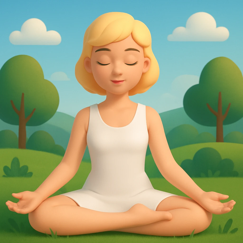 a blonde girl with a short haircut in a white dress sitting in a lotus position and meditating with a background, 3d-emoji style emoji