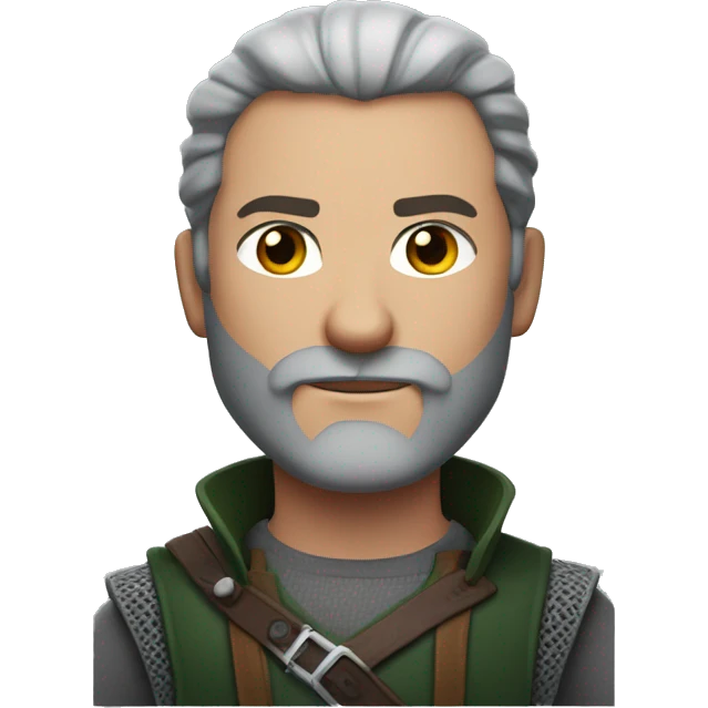 Serious man with short red hair, trimmed beard, gray-green eyes, inspired by Geralt from The Witcher, with a strong and confident look. emoji