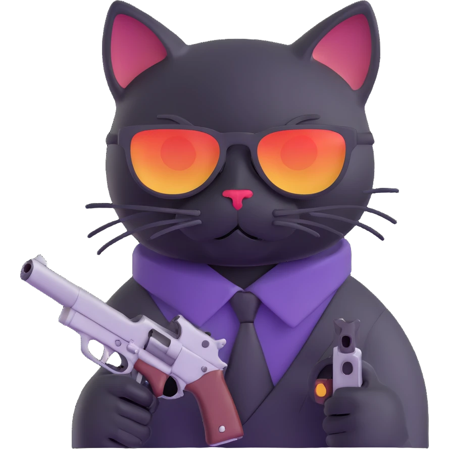 black cat with sunglasses and a gun emoji